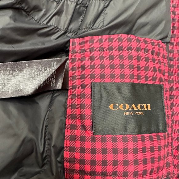 Women COACH Gingham Check Short Down Puffer Coat Jacket - Red/Black - Size Large - Picture 11 of 15